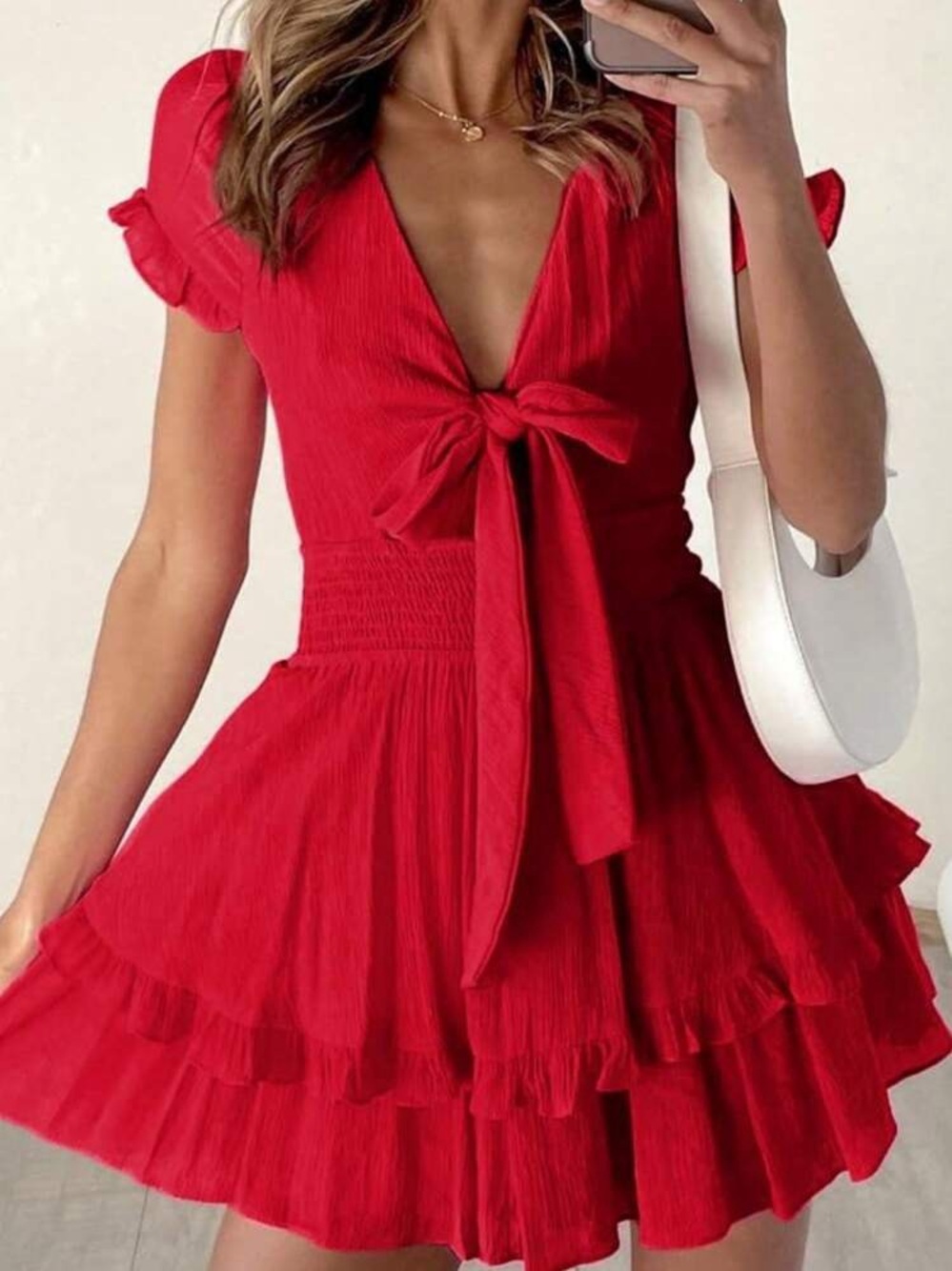 Red Tie-Front Ruffle Dress